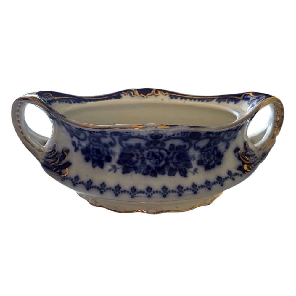 W.H Gridley & Co Blue Serving Bowl Vegetable Dish 2 Handle Antique Victorian - Picture 3 of 9
